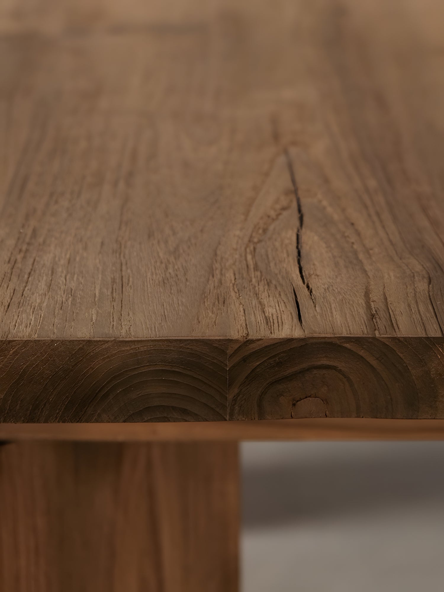 Pescara Reclaimed Teakwood Round Dining Table detail side view by Mellowdays Furniture