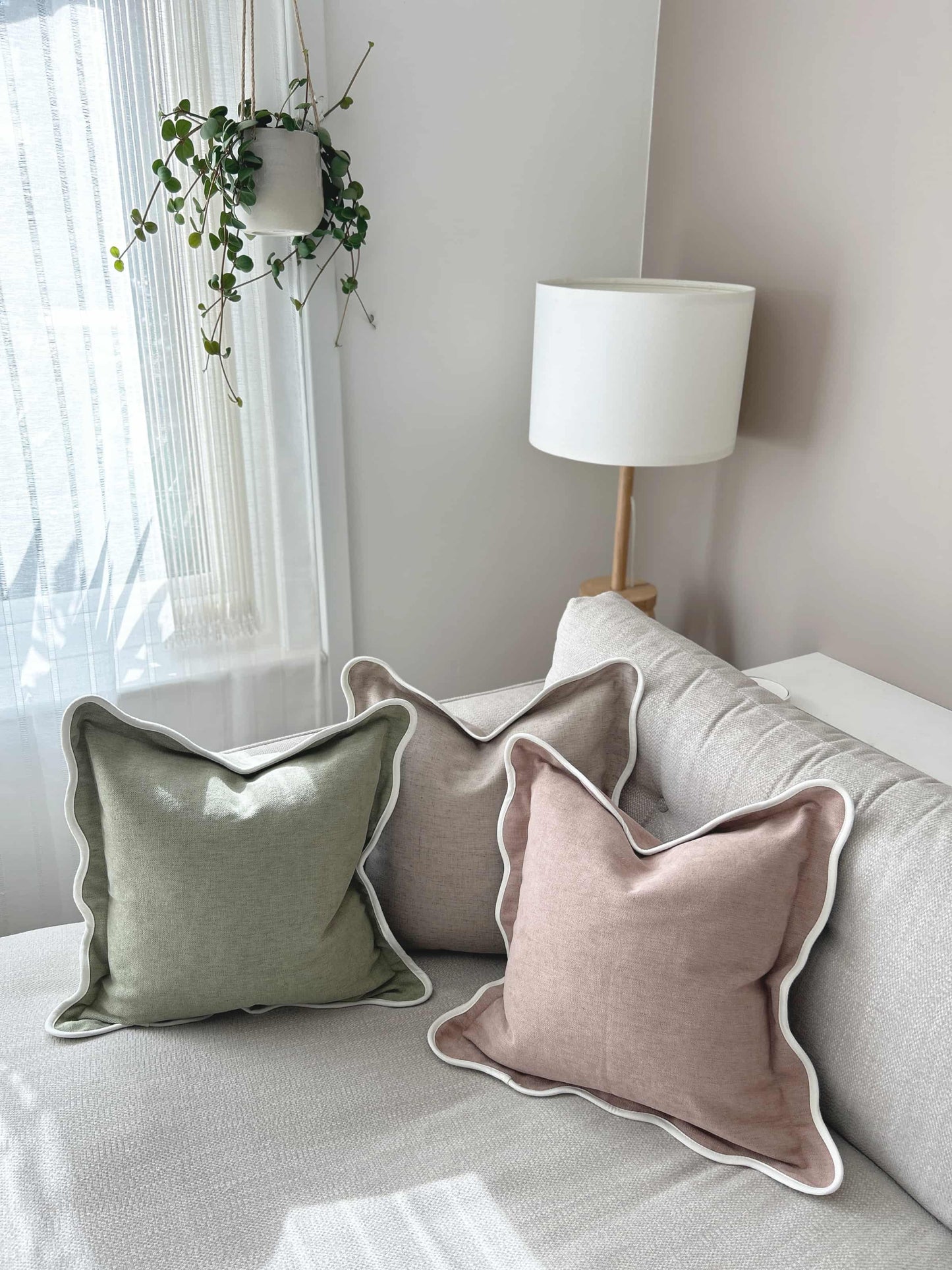 Scalloped Edge Cushion in dusty pink, sage, and beige 45x5cm | Mellowdays Furniture