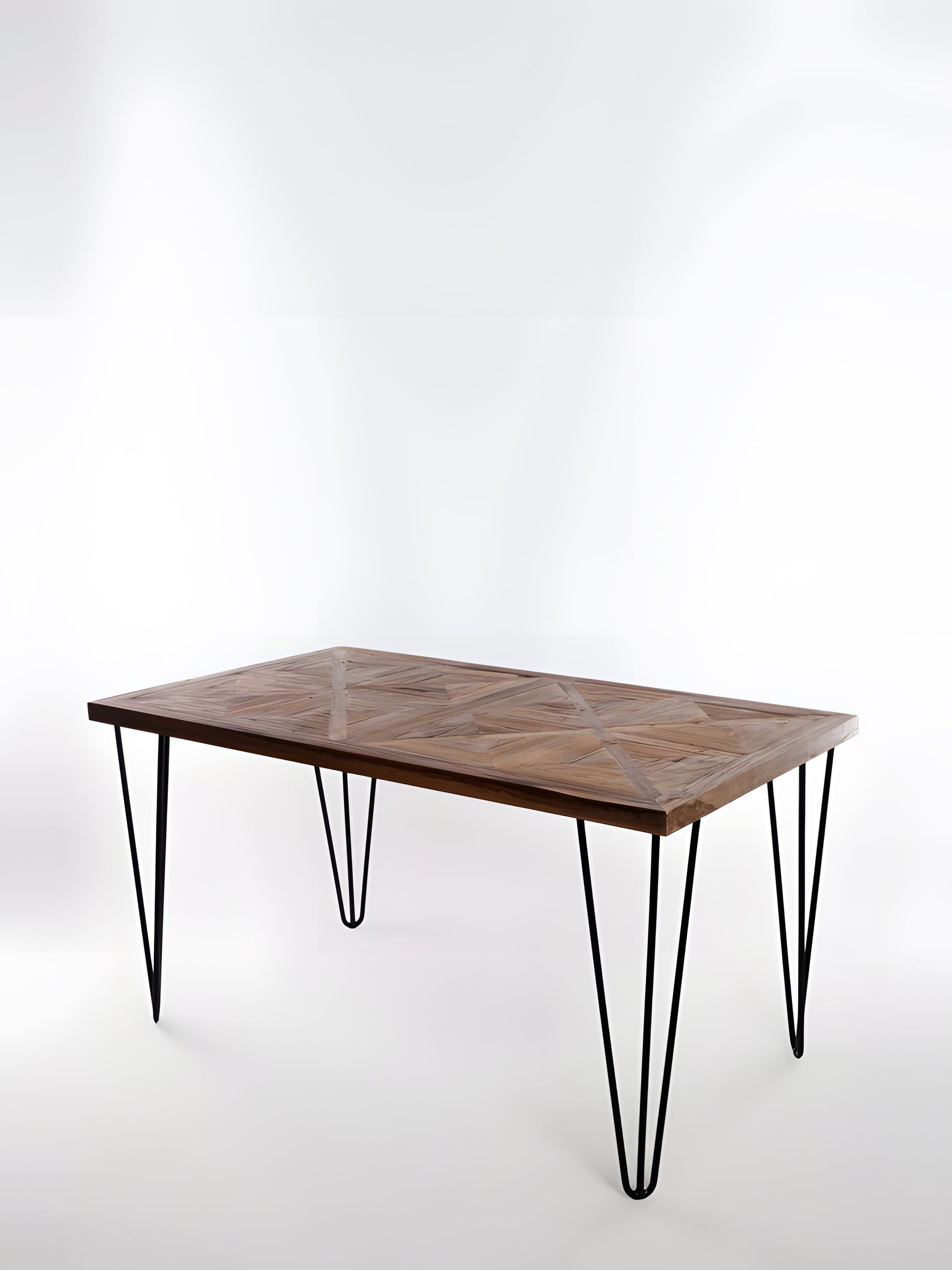Segovia Reclaimed Teakwood Small Dining Table with black hairpin legs front view by Mellowdays Furniture