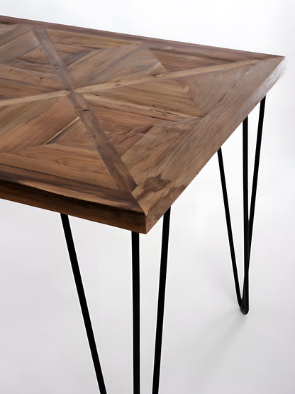 Segovia Reclaimed Teakwood Small Dining Table with black hairpin legs detail view by Mellowdays Furniture