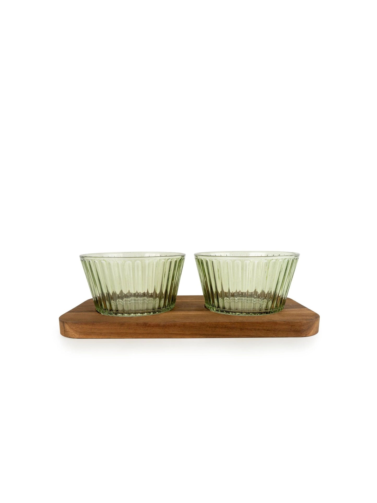 Green Ribbed Glass Dip Bowl Set with Mango Wood Tray – Set of 2 | Mellowdays Furniture