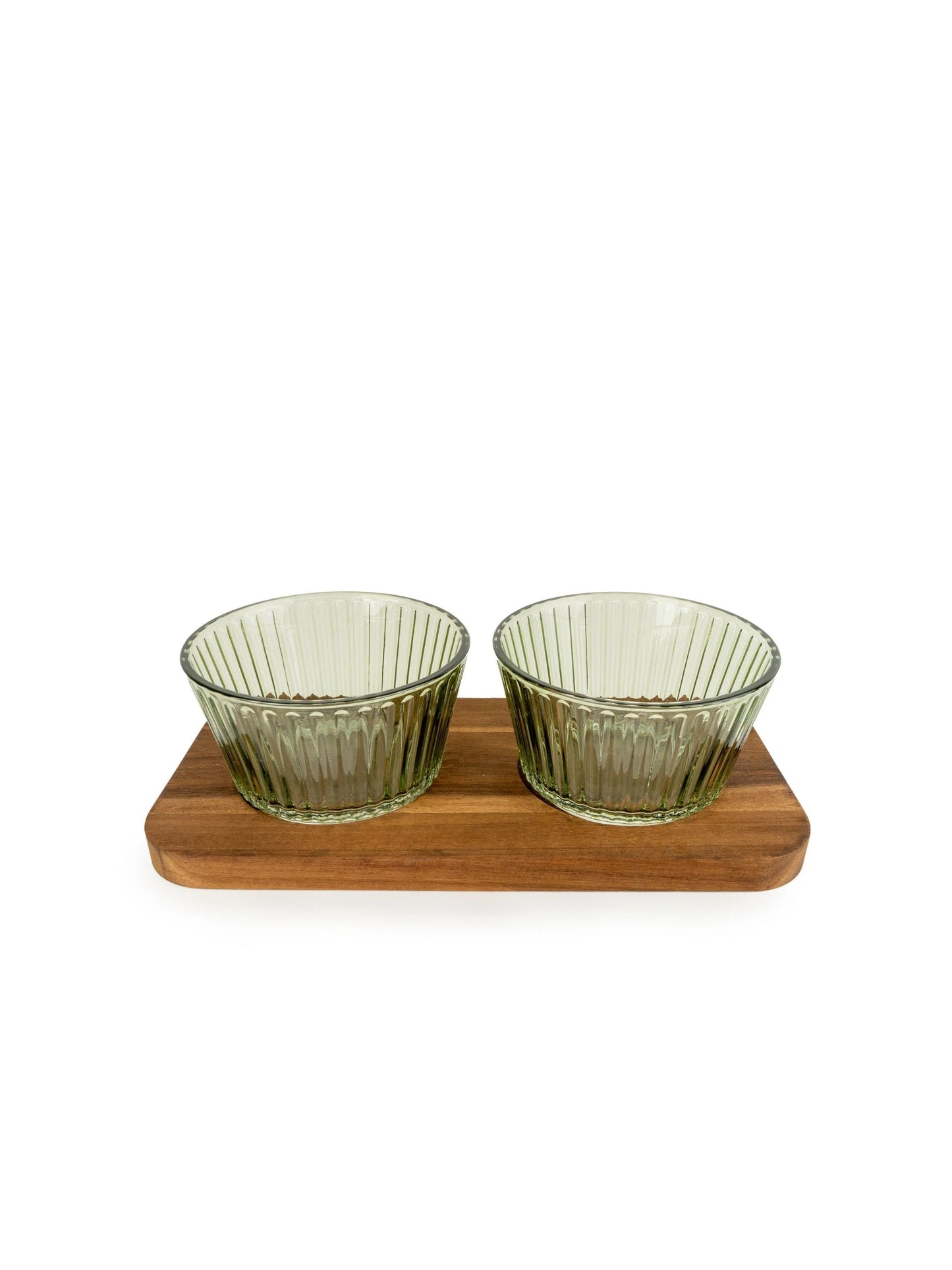 Green Ribbed Glass Dip Bowl Set with Mango Wood Tray – Set of 2 | Mellowdays Furniture