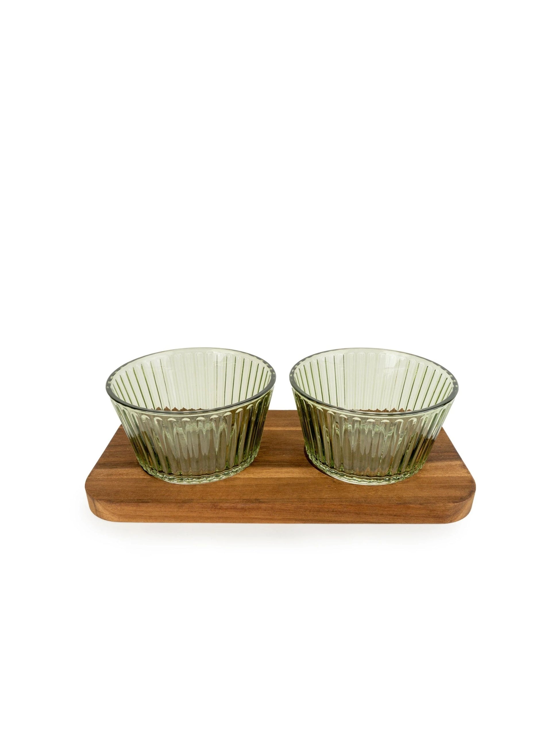 Green Ribbed Glass Dip Bowl Set with Mango Wood Tray – Set of 2 | Mellowdays Furniture