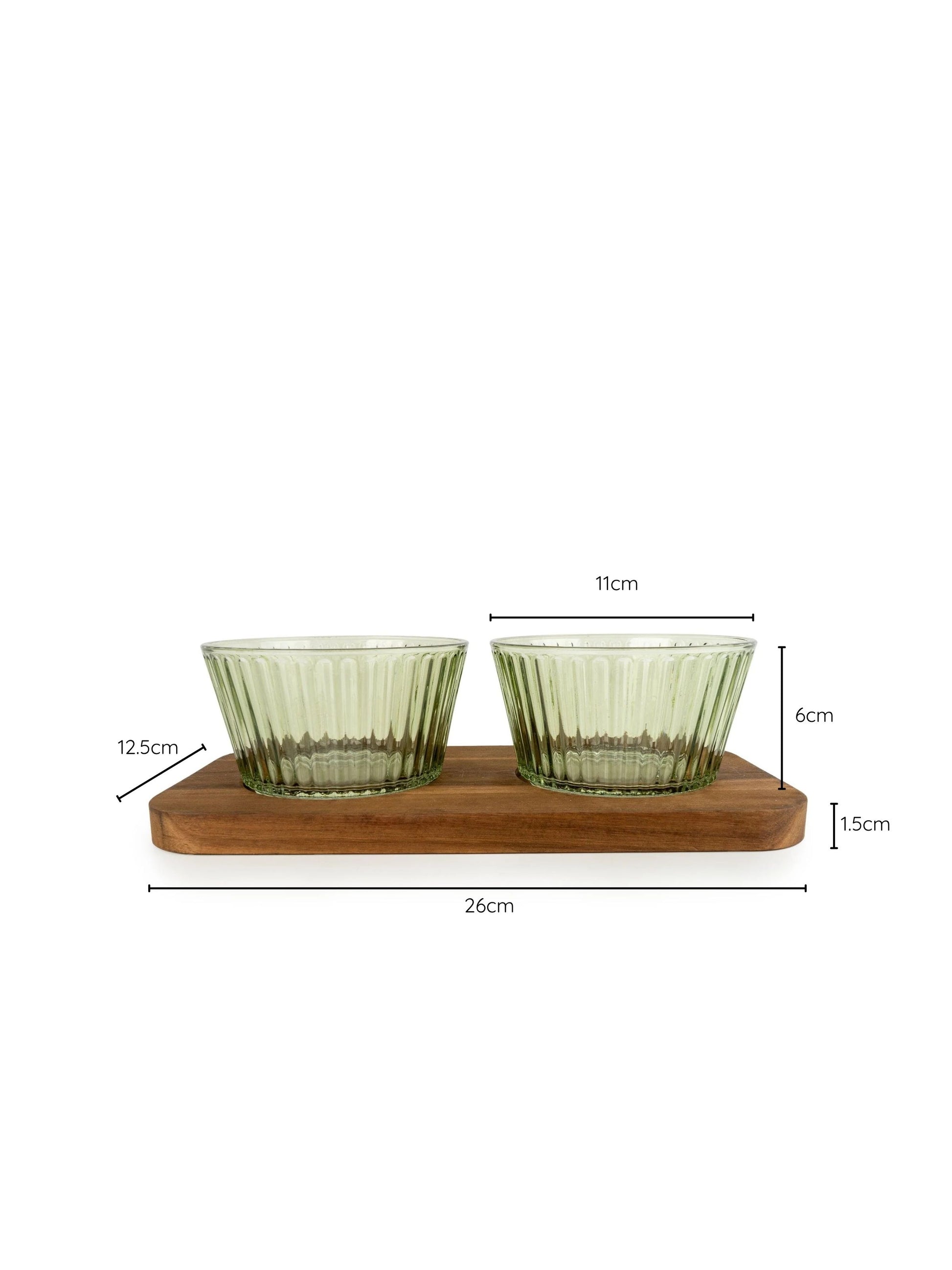 Green Ribbed Glass Dip Bowl Set with Mango Wood Tray – Set of 2 with measurement | Mellowdays Furniture