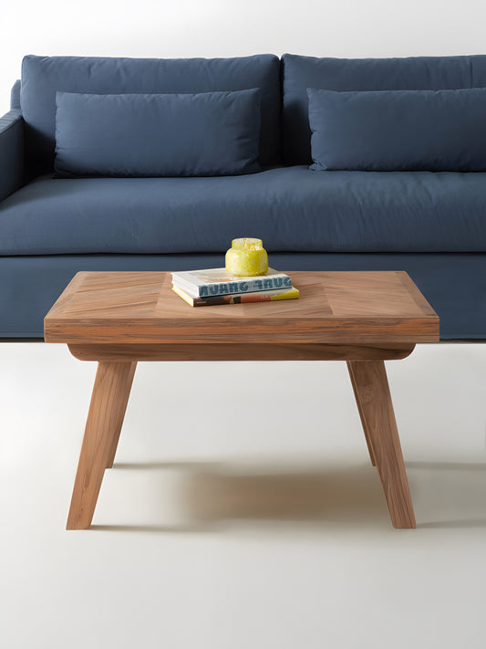 Square Fishbone Teakwood Coffee Table side view in living room setting by Mellowdays Furniture