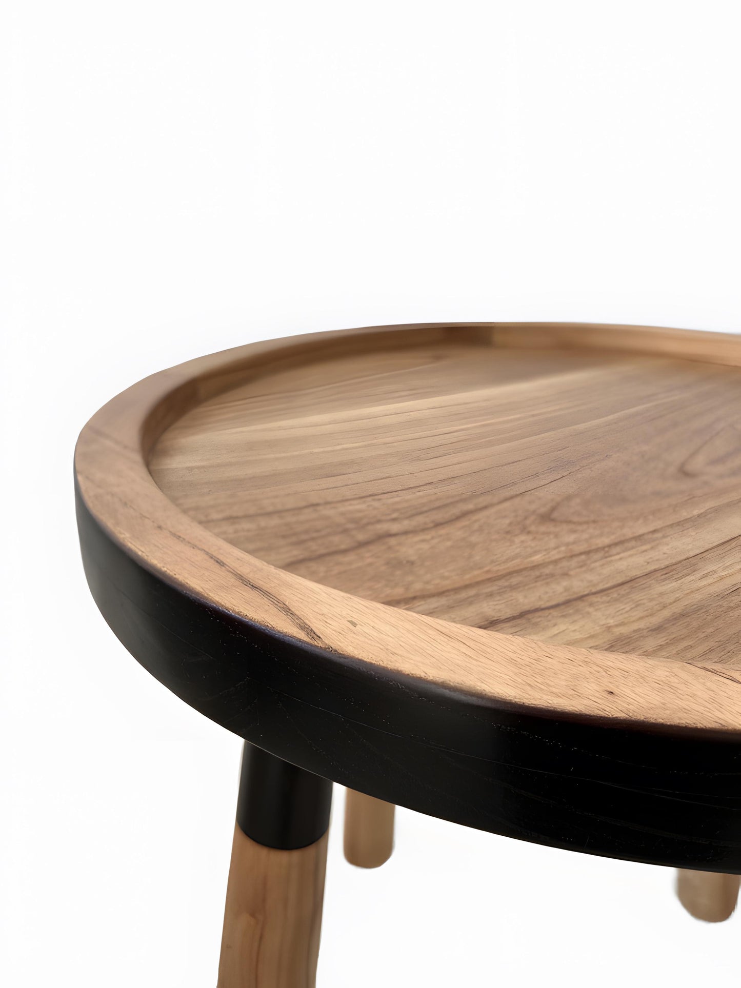 Tomasa Teakwood Round Tray Side Table - Natural Teakwood with Black Accent Finish - wood texture - Mellowdays Furniture