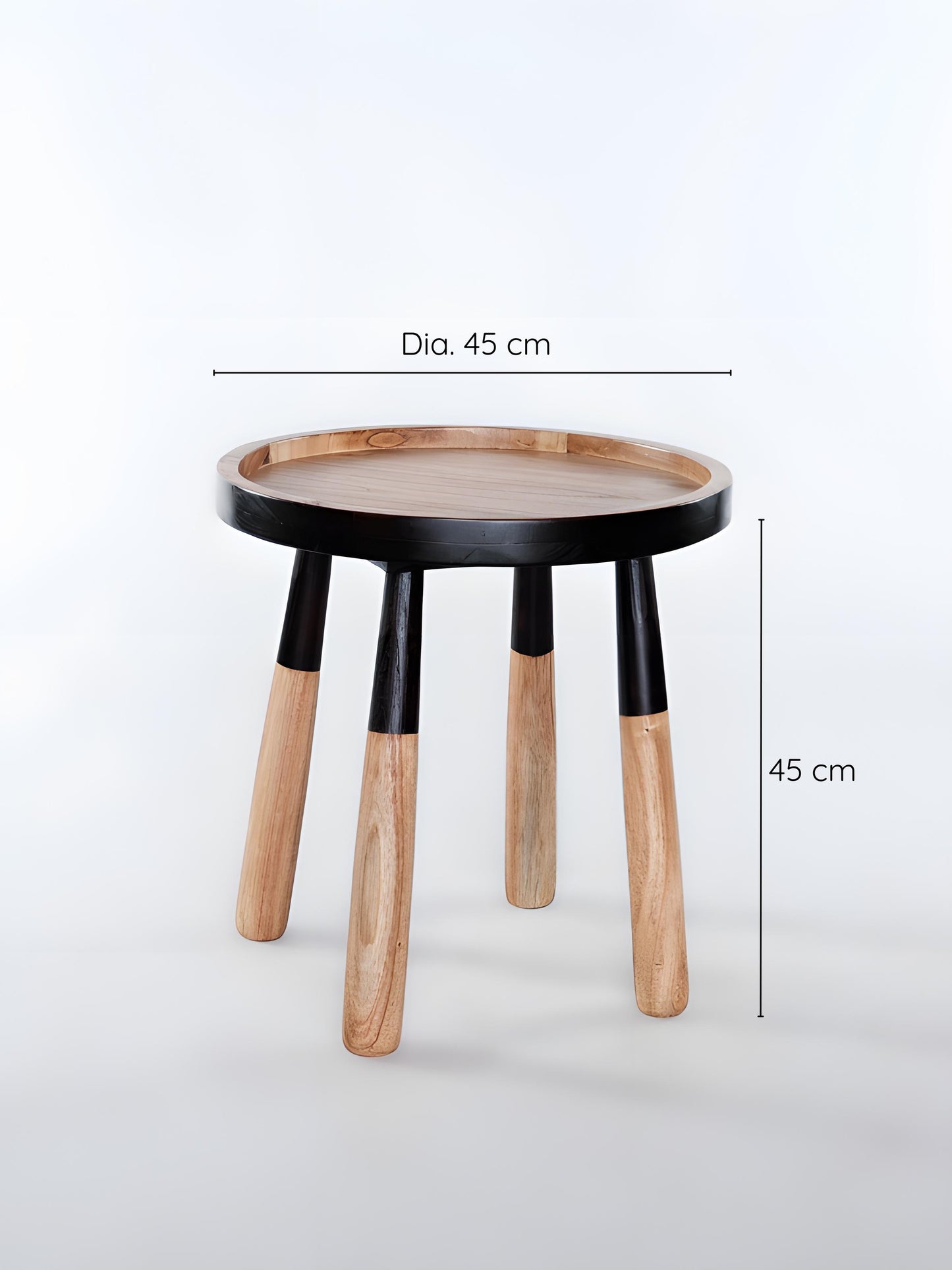 Tomasa Teakwood Round Tray Side Table - Natural Teakwood with Black Accent Finish- measurement - Mellowdays Furniture