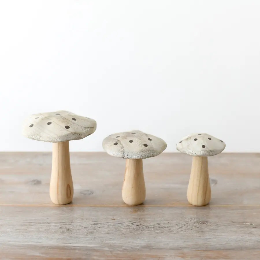 Whitewashed Wooden Mushroom Ornaments with Gold Spots | Mellowdays Furniture