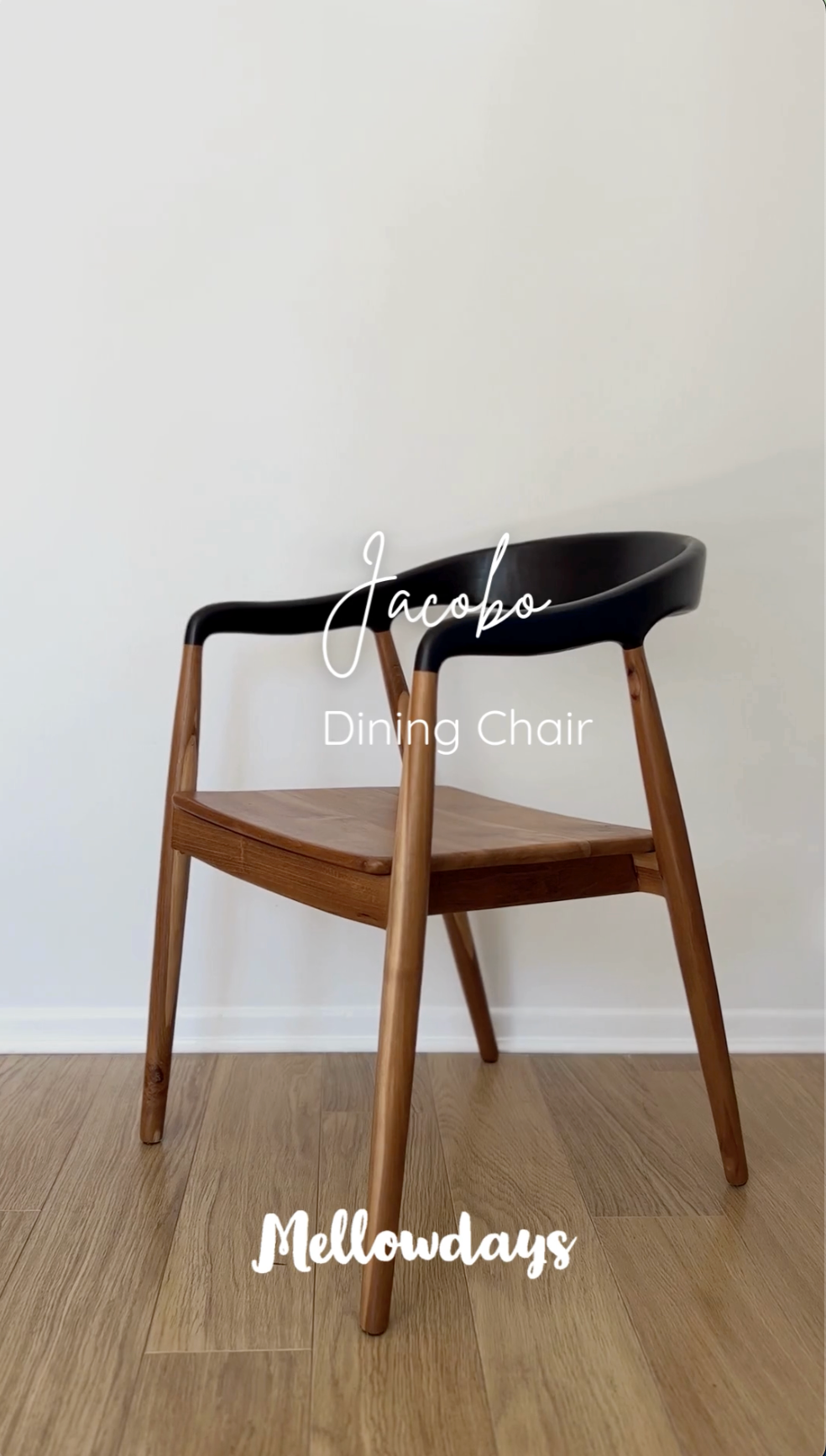 Video of Jacobo teak wood dining chair with curved back and armrests in dark choco finish | Mellowdays Furniture