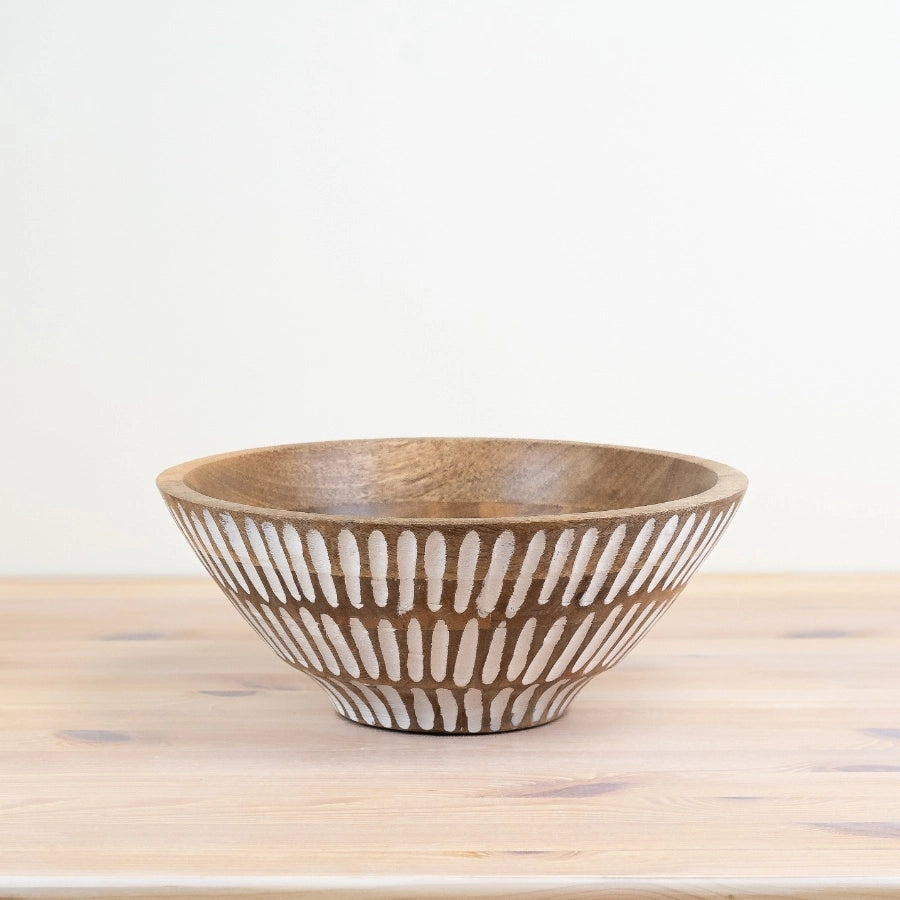 30cm large mango wood serving bowl with white wash patterns | Mellowdays Furniture