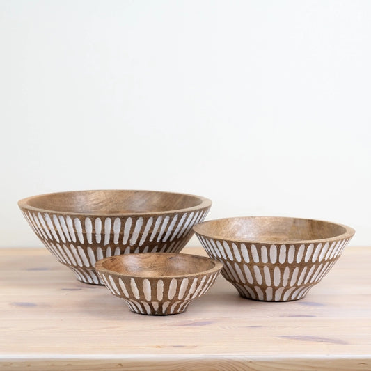 Large Mango Wood Serving Bowl, White Wash, 30cm