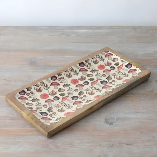 30cm Autumn Print mango wood serving trays with floral and mushroom pattern enamel inlay | Mellowdays Furniture