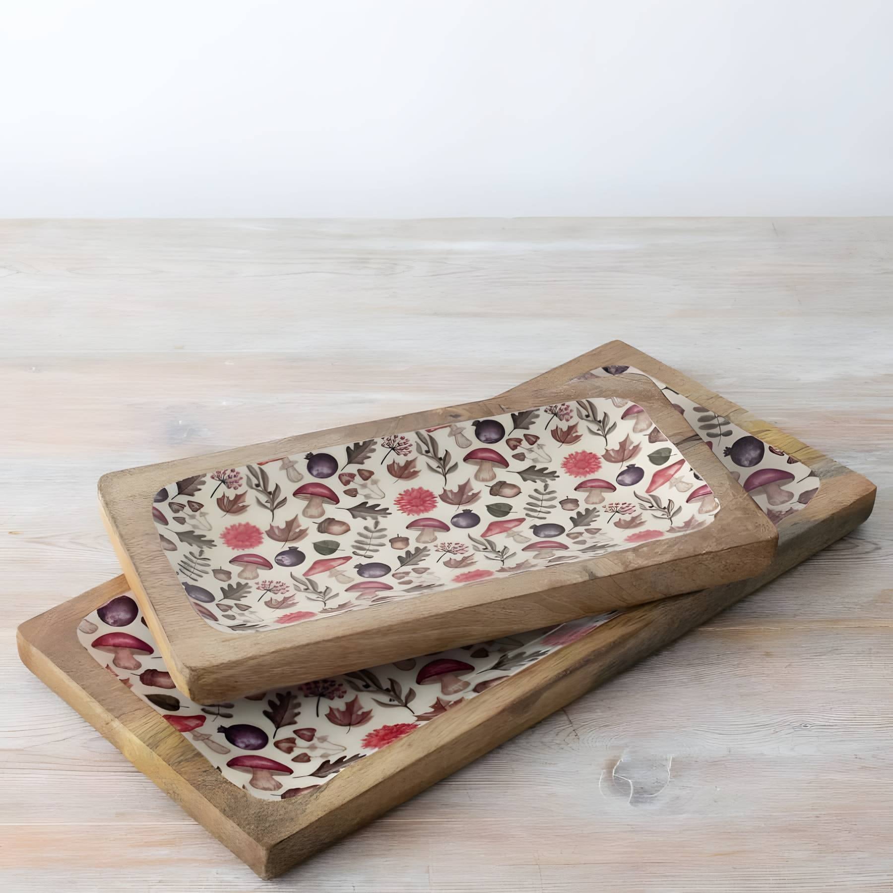 30cm and 40cm Autumn Print mango wood serving trays with floral and mushroom pattern enamel inlay | Mellowdays Furniture