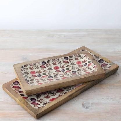 30cm and 40cm Autumn Print mango wood serving trays with floral and mushroom pattern enamel inlay | Mellowdays Furniture