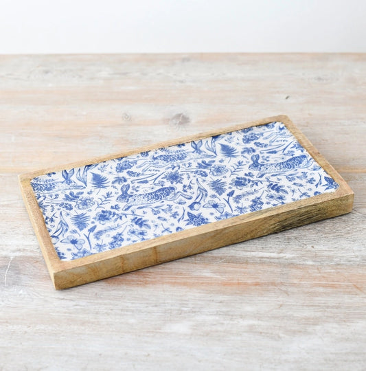 Blue Hare Wood and Enamel Decorative Serving Tray, 30cm