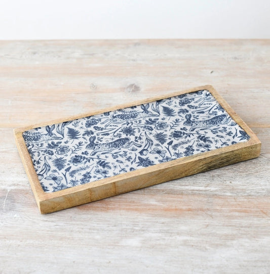 30cm mango wood serving tray with blue hare and flora print enamel inlay | Mellowdays Furniture