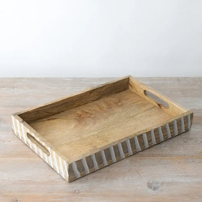 38cm large mango wood serving tray with white wash patterns | Mellowdays Furniture