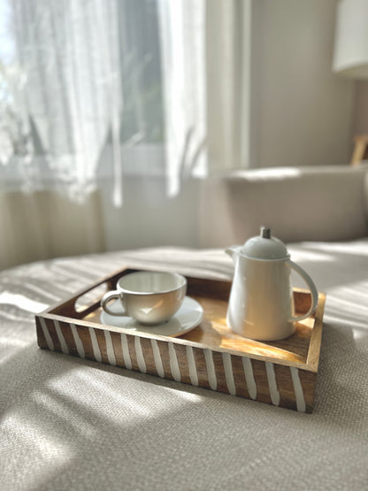 38cm large mango wood serving tray with white wash patterns serving tea | Mellowdays Furniture