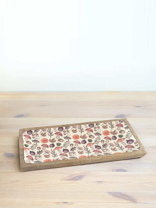 40cm Autumn Print mango wood serving trays with floral and mushroom pattern enamel inlay | Mellowdays Furniture