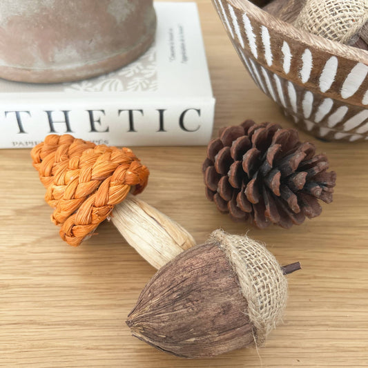 Acorn, Toadstool & Pine Cone Autumn Decor Set in Net Bag | Mellowdays Furniture