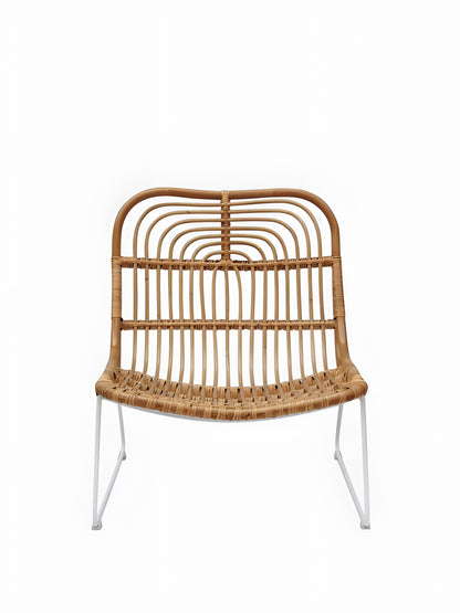 Aimar Rattan Lounge Chair with white metal legs front view without cushion by Mellowdays Furniture