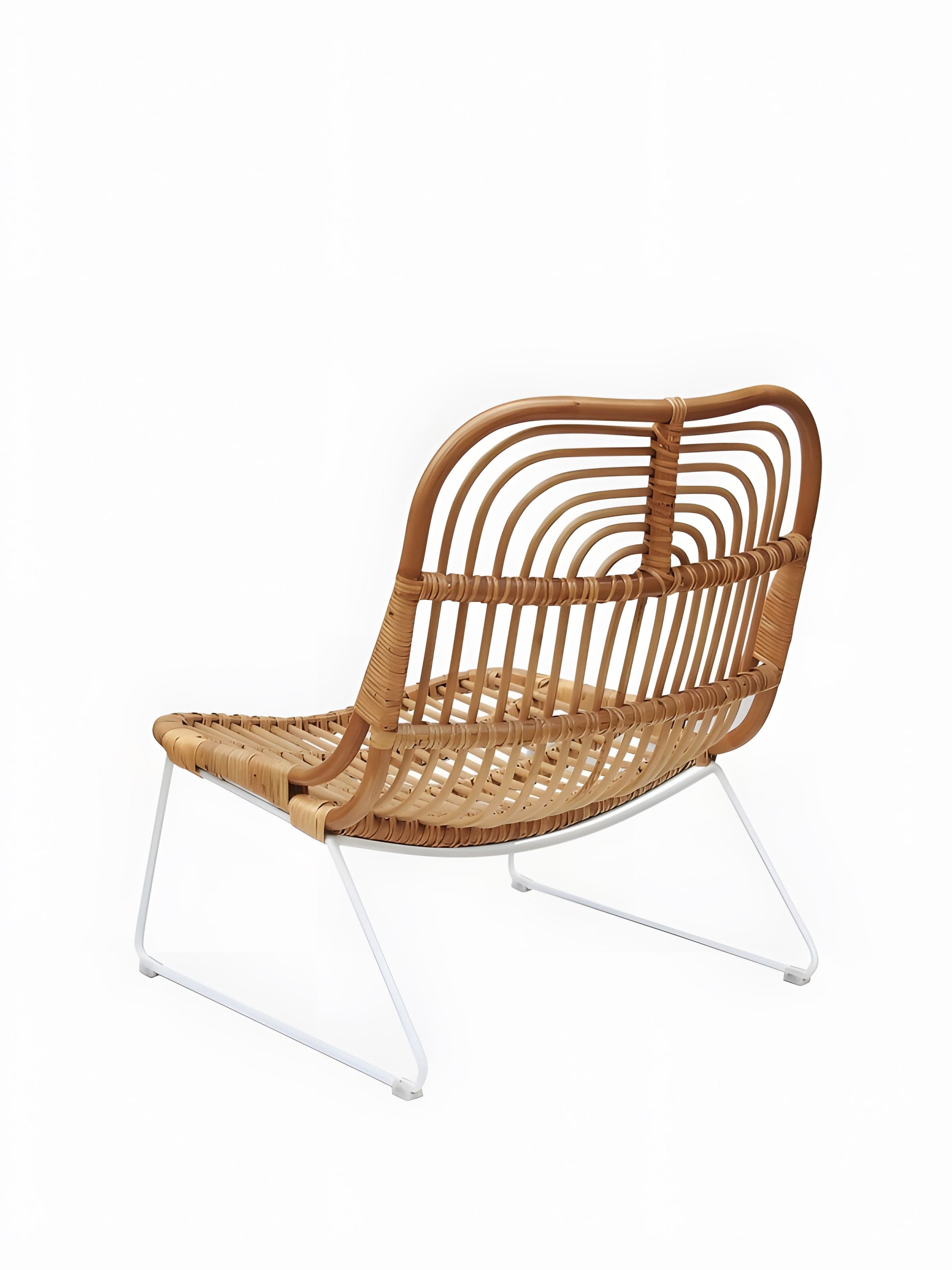 Aimar Rattan Lounge Chair with white metal legs back view by Mellowdays Furniture