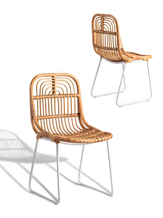 Aitor set of 2 natural rattan dining chairs with white metal legs by Mellowdays Furniture