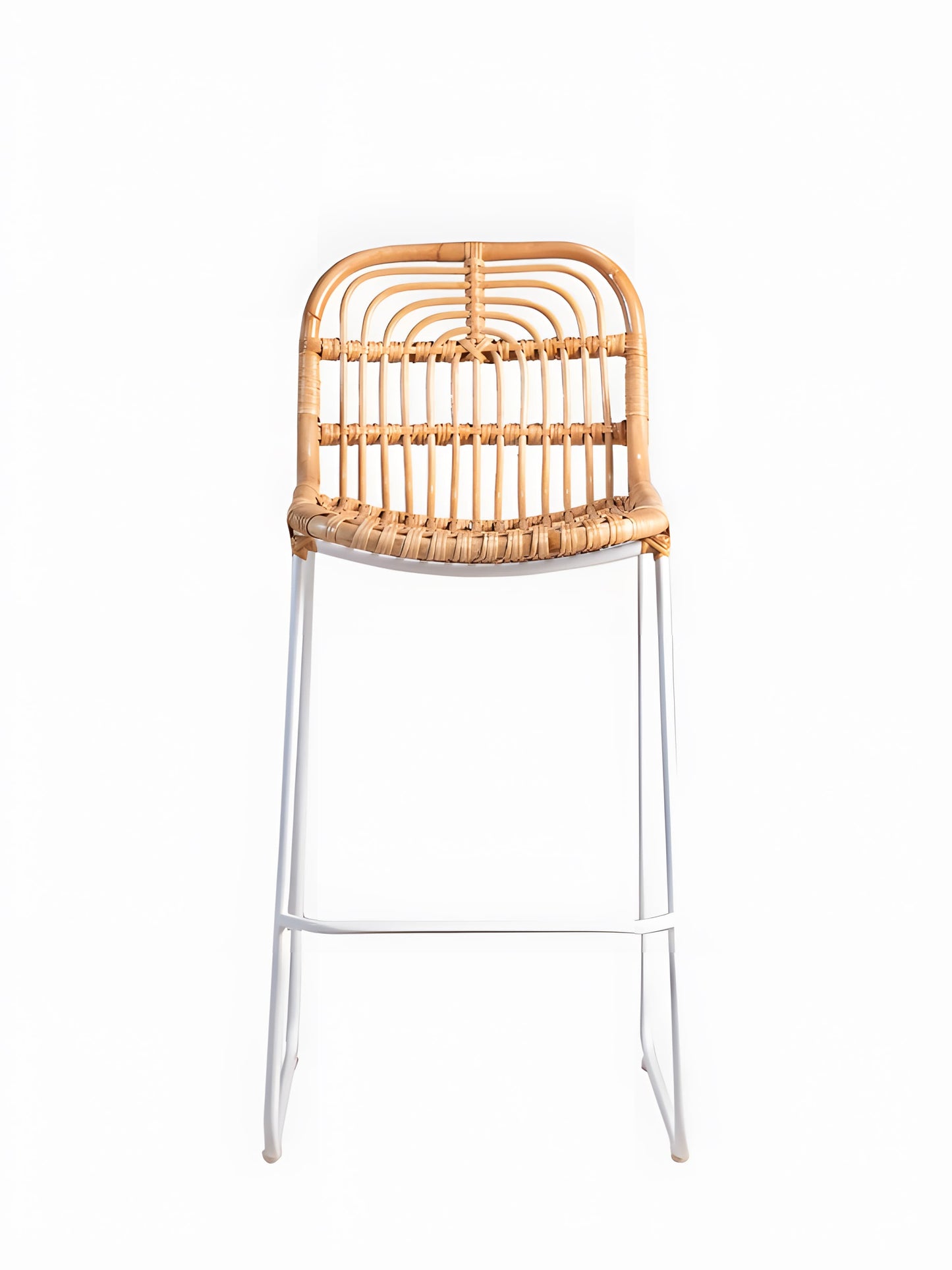 Aitor Rattan Bar Stool with white metal legs front view by Mellowdays Furniture