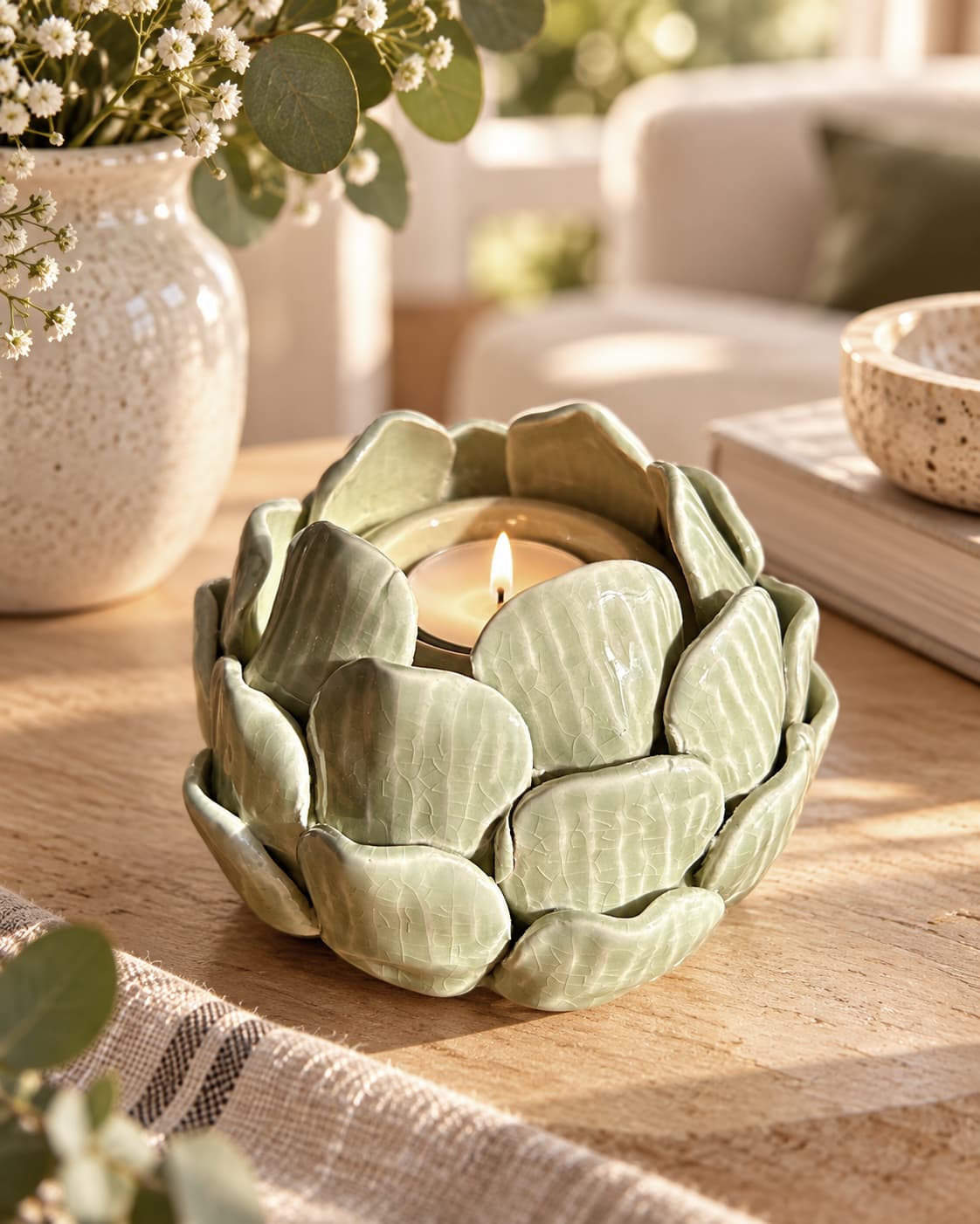 Green artichoke ceramic tea light candle holder | Mellowdays Furniture