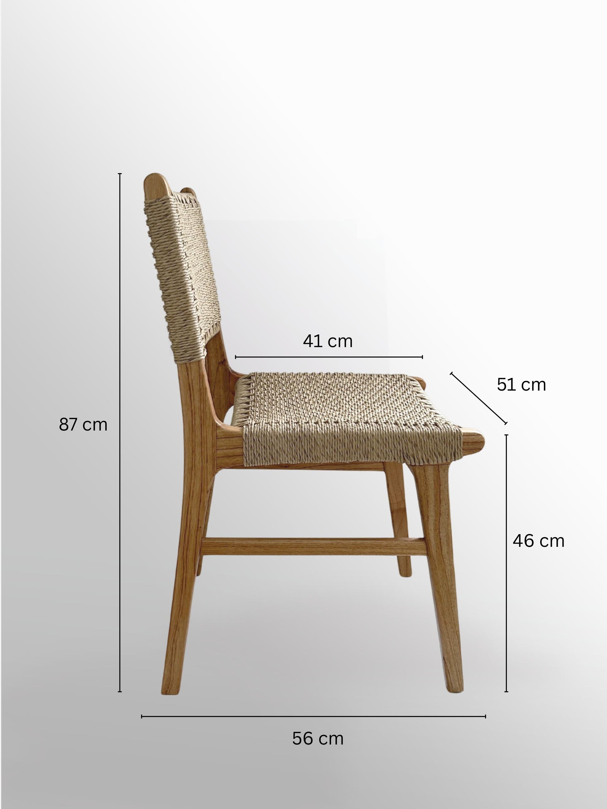 Asturia woven wooden dining chair with handwoven back and seat in natural peanut colour mindi wood side view with measurement | Mellowdays Furniture