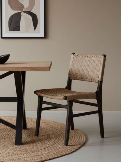 Asturia woven wooden dining chair with handwoven back and seat in mindi wood with black finish | Mellowdays Furniture