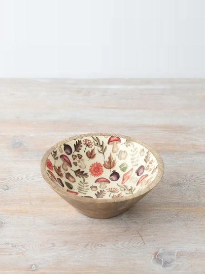 17cm Autumn Print mango wood serving bowl with floral and mushroom pattern enamel inlay | Mellowdays Furniture