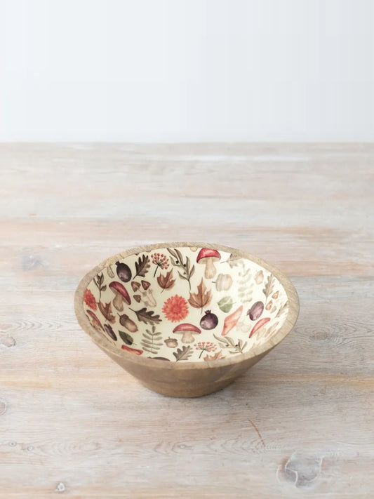 17cm Autumn Print mango wood serving bowl with floral and mushroom pattern enamel inlay | Mellowdays Furniture