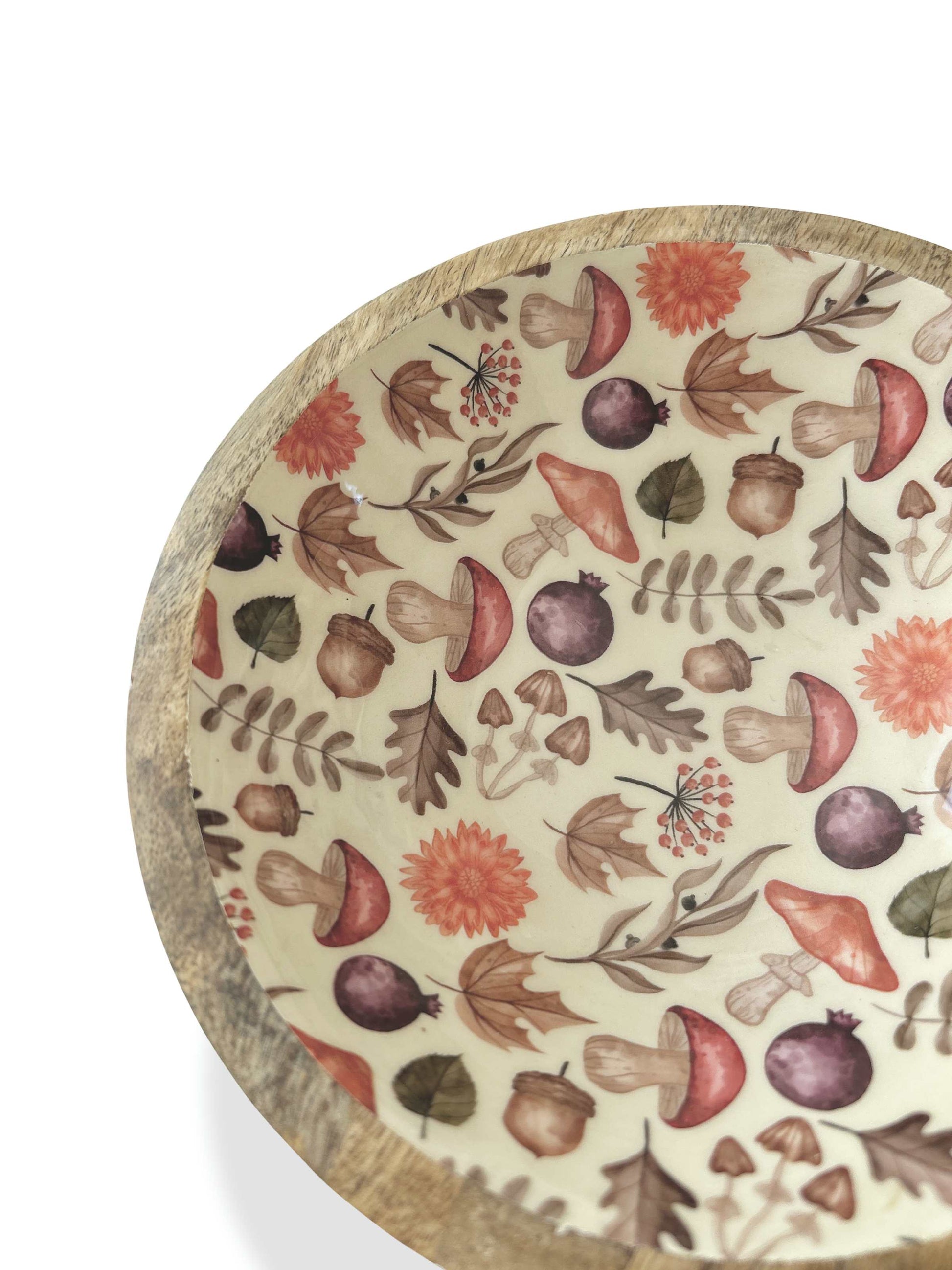 17cm Autumn Print mango wood serving bowl with floral and mushroom pattern enamel inlay | Mellowdays Furniture