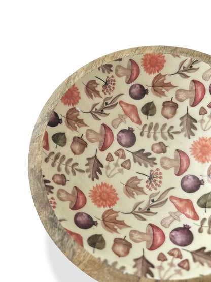 17cm Autumn Print mango wood serving bowl with floral and mushroom pattern enamel inlay | Mellowdays Furniture