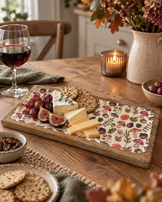 Autumn woodland cheese board with fig and wine