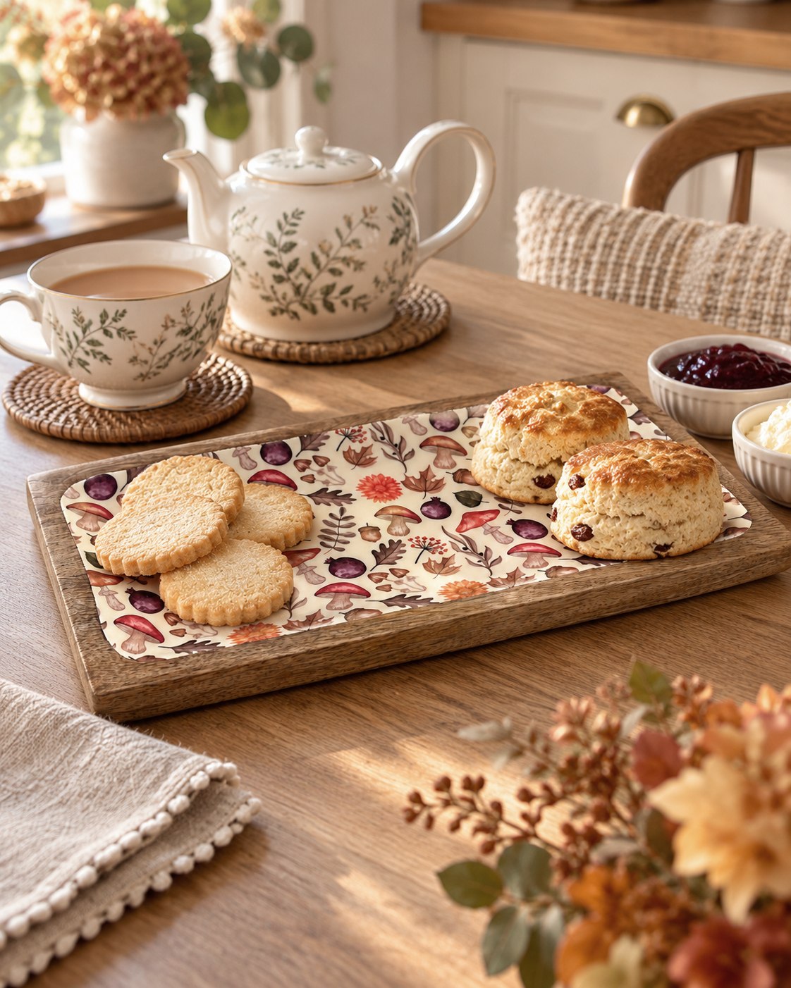 Autumn woodland tea board with scone and biscuits