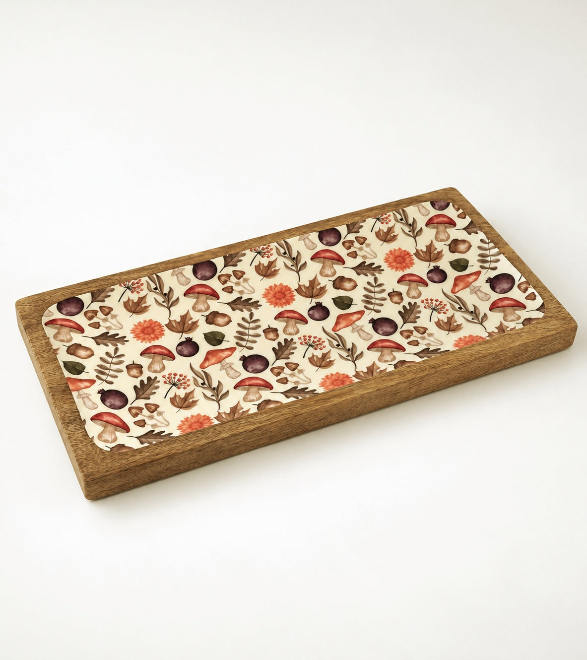 Autumn Print mango wood serving tray / platter with floral and mushroom pattern enamel inlay 30cm | Mellowdays Furniture