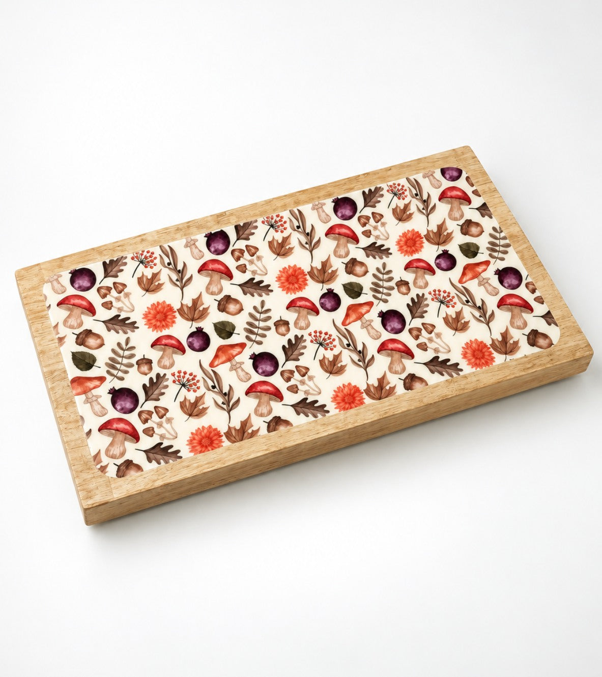 40cm Autumn Print mango wood serving tray / platter with floral and mushroom pattern enamel inlay | Mellowdays Furniture