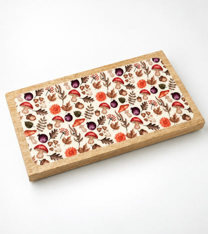 40cm Autumn Print mango wood serving tray / platter with floral and mushroom pattern enamel inlay | Mellowdays Furniture