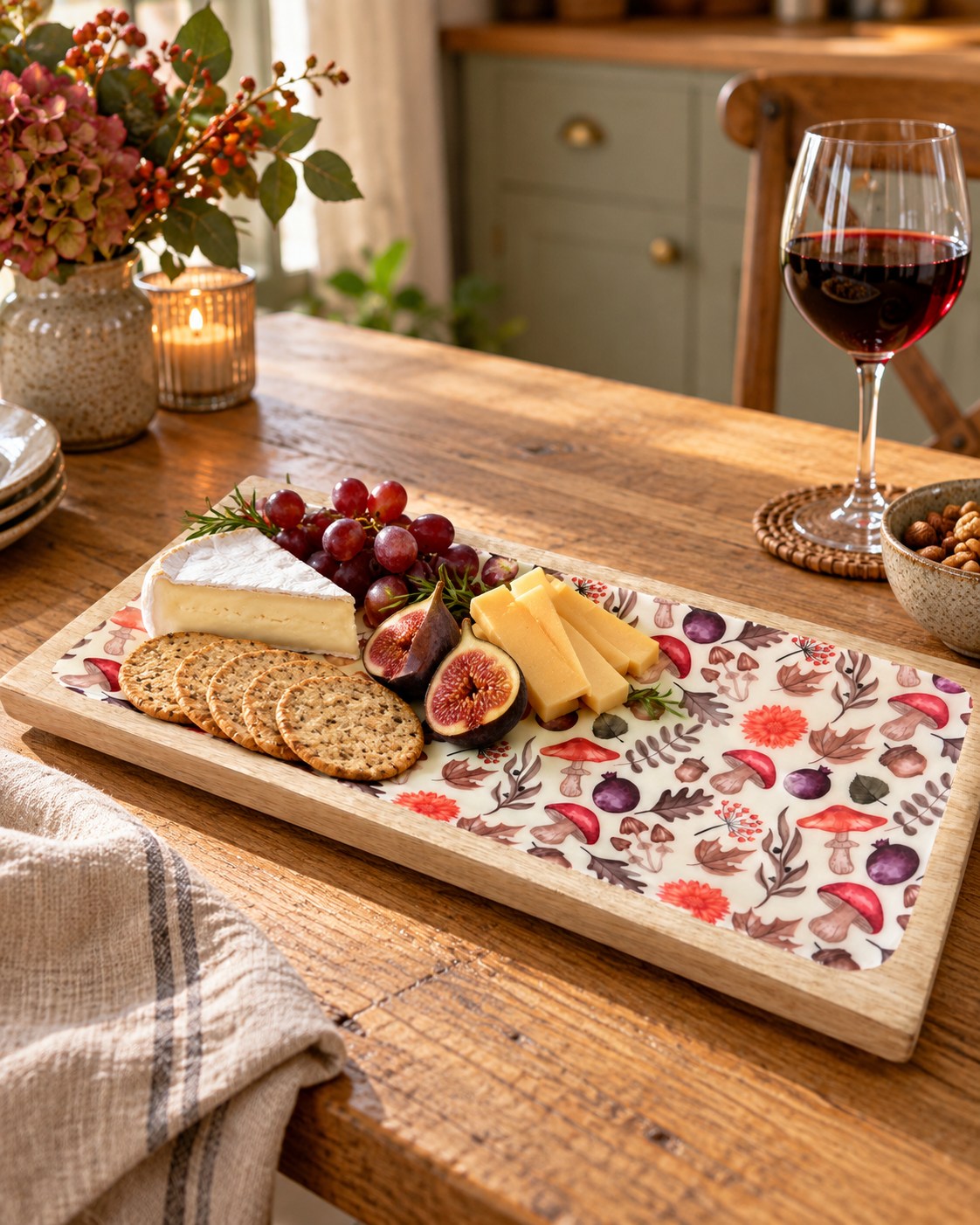 Autumn cheese board with fig and wine