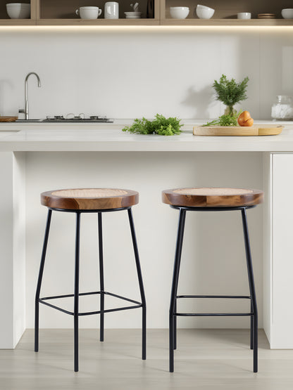 Bakanda set of 2 natural colour teakwood and rattan 65cm counter stools in kitchen counter by Mellowdays Furniture