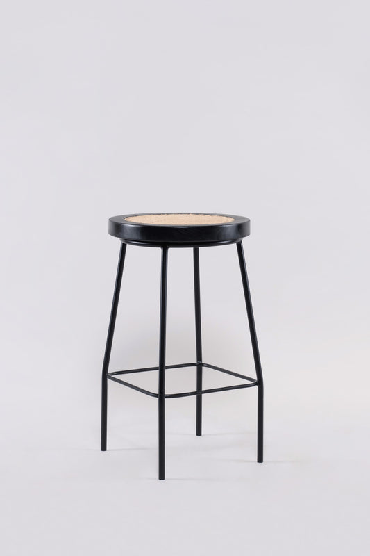 Bakanda set of 2 black colour teakwood and rattan 65cm counter stools front view by Mellowdays Furniture