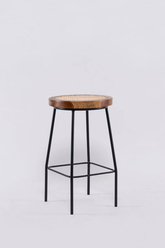 Bakanda set of 2 natural colour teakwood and rattan 65cm counter stools front view by Mellowdays Furniture