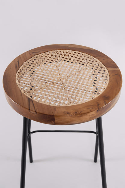 Bakanda set of 2 natural colour teakwood and rattan 65cm counter stools close up by Mellowdays Furniture