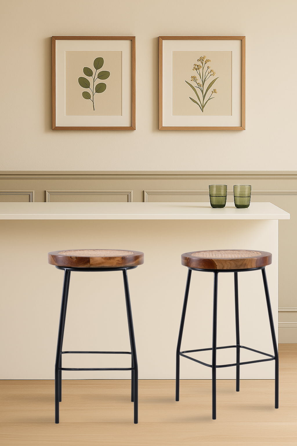 Bakanda set of 2 natural colour teakwood and rattan 65cm counter stools in kitchen counter by Mellowdays Furniture