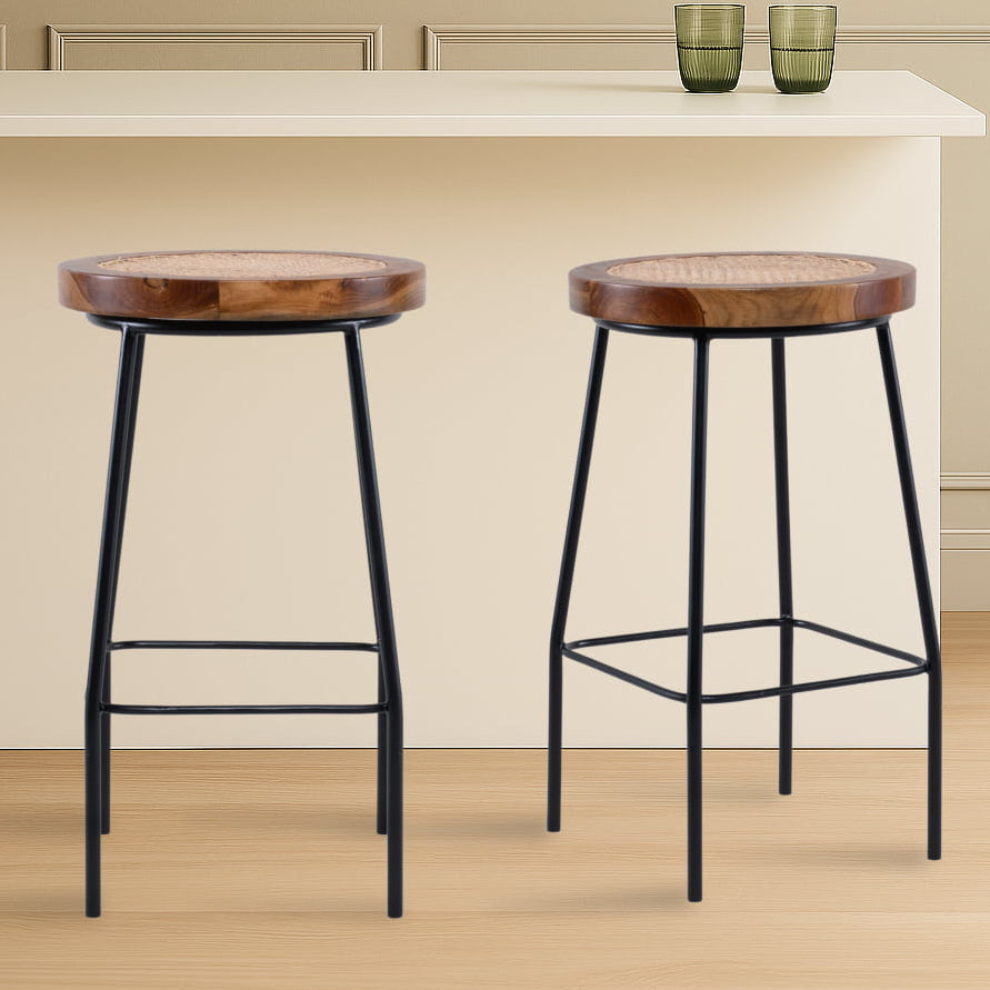 Bakanda set of 2 natural colour teakwood and rattan 65cm counter stools in kitchen counter by Mellowdays Furniture