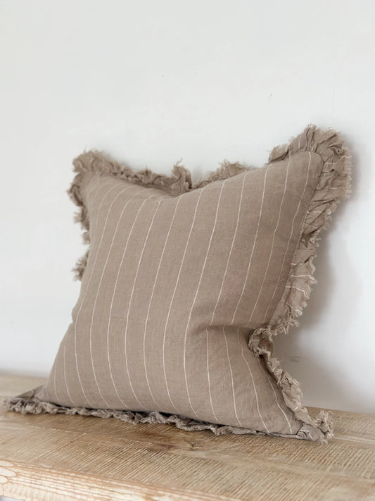 Beige Stripe Linen Cushion Cover with Ruffled Edge 45x45cm | Mellowdays Furniture