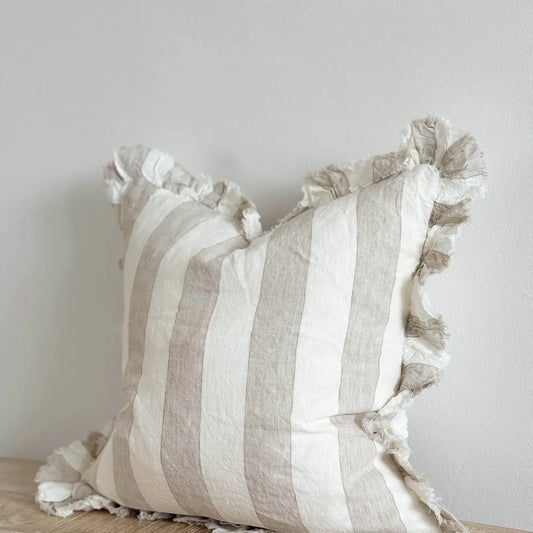 Beige & Cream Wide Stripe Linen Cushion Cover with Ruffled Edge, 45x45cm | Mellowdays Furniture