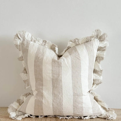 Beige & Cream Wide Stripe Linen Cushion Cover with Ruffled Edge, 45x45cm | Mellowdays Furniture